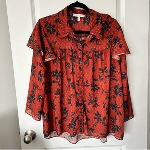 ANTHROPOLOGIE eri + ali Red Floral Flutter Sleeve Blouse